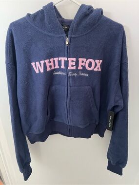 White Fox Navy Zip-Up Hoodie with Pink Logo Size S/M